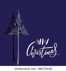 Christmas tree silhouette, design for greeting card. Vector hand drawn lettering for design. White Christmas lettering