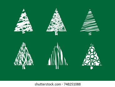 Christmas tree silhouette design vector set. Flat, stylized, ornamental and minimalistic icons. White hand drawn illustrations isolated on green background. Good for christmas or new year postcard
