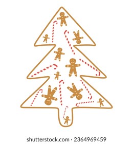 Christmas tree Silhouette with Gingerbread cookies and Candy cane. Christmas seasonal elements. Vector illustration isolated on white background for Greeting card, Poster, banner.