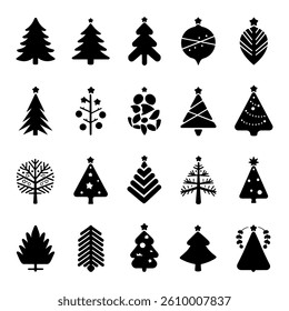 Christmas Tree Silhouette Icon Set - Festive Black Tree Collection in Vector Style