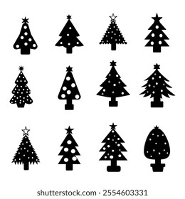 A "Christmas Tree Silhouette Icon Vector" presents a sleek, minimalist tree design in solid color or outline. Ideal for festive projects, it’s versatile, scalable, and perfect for holiday cards, logos
