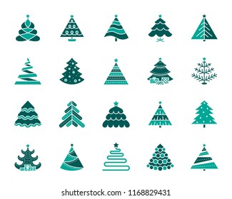 Christmas Tree silhouette icons set. Isolated on white web sign kit of stylized spruce. Fir Farm pictogram fir farm, decoration, pine. Simple christmas tree contour symbol. Vector Icon shape for stamp