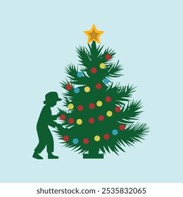 Christmas Tree Silhouette with Little Boy Vector Art. A festive silhouette featuring a decorated Christmas tree and a little boy, perfect for seasonal cards, holiday designs