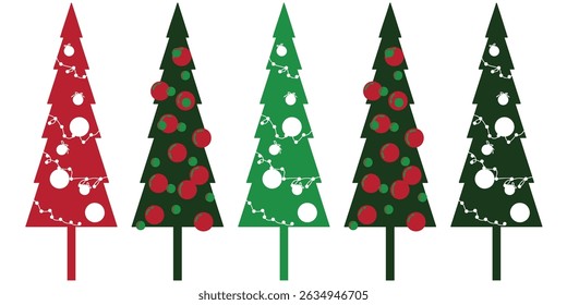 Christmas tree silhouette in maroon red, lime green, forest green. Silhouette of evergreen pine tree decorated with ornaments and fairy lights. Christmas card asset, winter themed sticker. EPS 10.