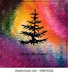 Christmas tree silhouette on triangle background. Christmas and New Year background, xmas retro gift template.  