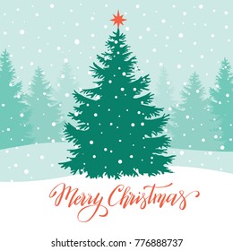 Christmas tree silhouette outdoors, vector illustration, template for design, greeting card, invitation.