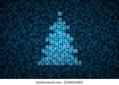 Christmas tree silhouette over binary code made from 0 and 1 symbols. Dark digital technology background in blue colors, data represented by binary number system, festive design and Xmas greetings