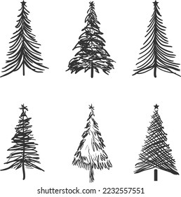 Christmas tree silhouette set hand drawn vintage illustration on white background