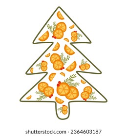 Christmas tree Silhouette with slices of orange and green branches. Christmas seasonal elements. Vector illustration isolated on white background for Greeting card, Poster, banner.