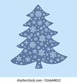 Christmas tree silhouette with snowflakes, vector illustration isolated on white background, template for design, greeting card, invitation.