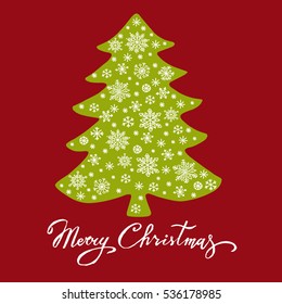 Christmas tree silhouette with snowflakes, vector illustration isolated on white background, template for design, greeting card, invitation.