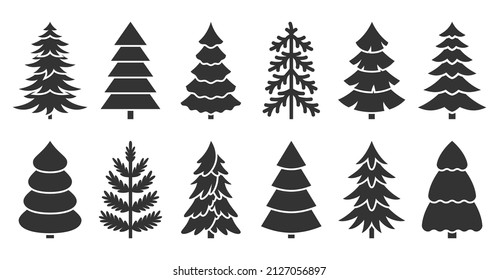 Christmas tree silhouette stamp black glyph set. Holiday sticker different shape forest natural evergreen object. Monochrome element for holiday card decor new year simple print simple isolated white