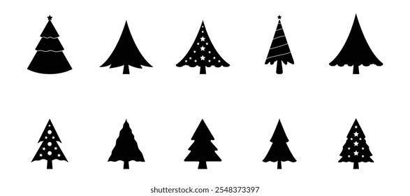 Christmas Tree Silhouette Vector art illustration. Christmas Tree Silhouette Vector art with Festive Lights. Christmas tree icon.