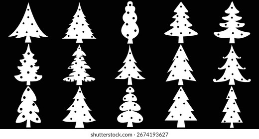 Vector de silueta de árbol de Navidad. siluetas de pino festivas y árboles de vacaciones decorados con estrellas y adornos para diseños de invierno o Navidad. eps 10