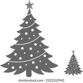 Ilustración vectorial de la silueta del árbol de navidad con adornos sobre fondo blanco. Conjunto de árbol de Navidad