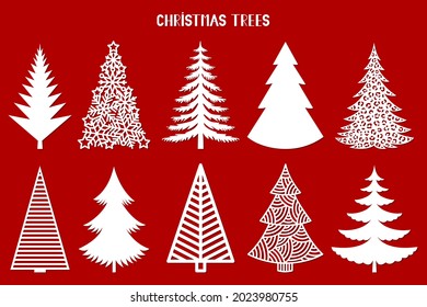 Christmas tree silhouette. Vector set template for laser, paper cutting. Decorative ornate illustration. Trees for cards, flyers, print. Modern design for winter holidays. Home decoration.