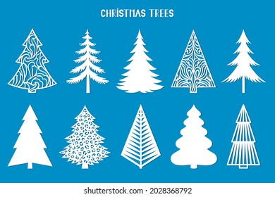 Christmas tree silhouette. Vector set template for laser, paper cutting. Decorative ornate illustration. Trees for cards, flyers, print. Modern design for winter holidays. Home decoration.