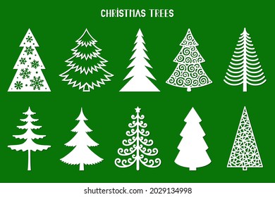 Silueta de árbol de Navidad. Plantilla de juego de vectores para láser, corte de papel. Ilustración decorativa ornamental. Árboles para tarjetas, volantes, imprimir. Diseño moderno para las vacaciones de invierno. Decoración casera.