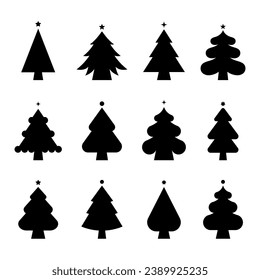 Christmas tree silhouette vector set. Holiday decoration. Vector illustration isolated on white background.