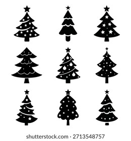 Christmas Tree Silhouette Vector Set. Solid Black Pine Icons with Stars and Decorations. Stencil Shapes for Laser Cut, Vinyl and Holiday Logos.
