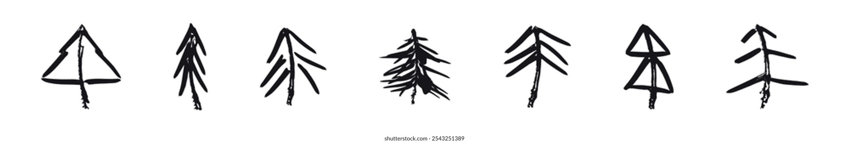 christmas tree silhouettes. Evergreen forest firs black shapes, wild nature trees template. Christmas and New Year cute doodle elements. Vector illustration woodland tree set on transparent background