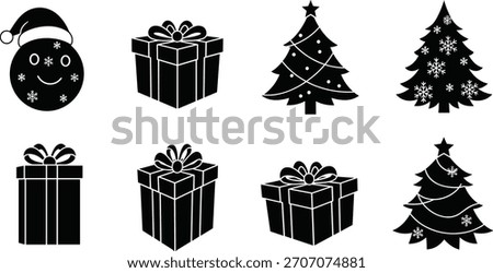 Christmas tree silhouettes, festive gift box icons, Santa hat character, holiday vector design, black graphic elements, winter celebration symbols