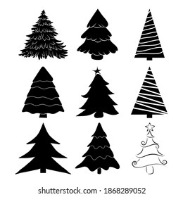 Christmas tree silhouettes set. Black pines icon for xmas card or invitation. Symbol of december. Collection of pine shapes design. Fir tree illustration isolated on white background.