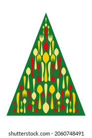 Christmas tree with silhouettes tableware, cutlery utensils. Vector illustration Merry Christmas and Happy New Year.