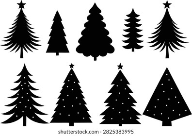 Christmas tree silhouettes vector collection, winter pine shapes, festive fir icons
