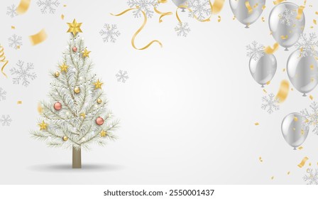 Christmas tree with silver balloons and confetti on white background. Vector illustration.