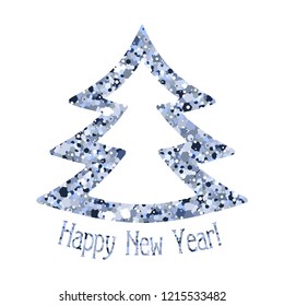 Christmas tree of silver blue sequins, confetti, sequins, rhinestones. Isolated image on white background