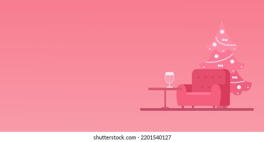 Christmas tree in silver color with cozy armchair on pink background. Place for your text. Copy space. Vector illustration. Cartoon flat style