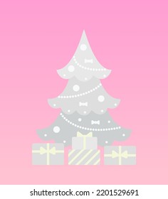 Christmas tree in silver color, decorated with garlands, with gifts isolated on pink background. Cartoon flat style. Vector illustration