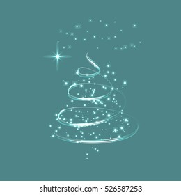 Christmas tree silver and dark blue, glossy, sparkling and shiny wave lines, greeting card and background vector art