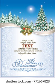 Christmas tree with silver ribbon with bells in frame with  snowflakes. Vector illustrations