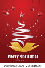 Christmas tree silver ribbon merry Christmas vector poster