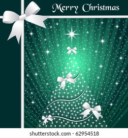 Christmas tree with silver ribbons or bows, sunburst, snow and stars on a green background. Raster also available.