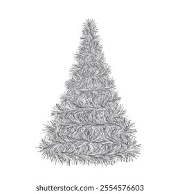 Christmas tree. Silver spruce. Tree made of fluffy tinsel. Color vector illustration. Isolated on white background. Festive plush fir. Idea for web design.