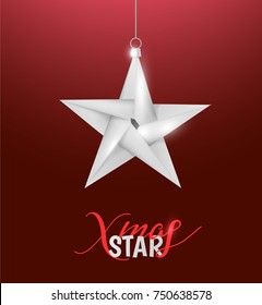  christmas tree silver toy star for Christmas, Xmas, new year winter holiday poster banner design template . Vector realistic illustration on red background