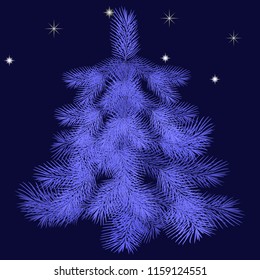 Christmas tree silvery on the background of the night sky and the Big dipper, vector illustration.