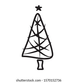 Christmas tree of simple lines with a star on top.Holiday
 .On hand-drawn, on a white isolated background.Design for greeting card,banner ,coloring