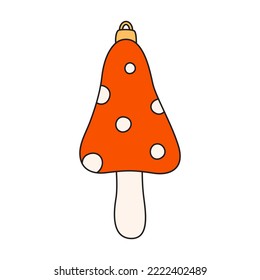 Christmas tree simple mushroom toy in cartoon style. Retro xmas amanita decoration. Vintage fly agaric drawing isolated on white. Winter holiday vector clipart for decorating a card or poster 