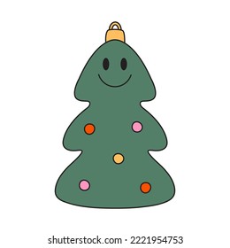 Christmas tree simple toy in cartoon style. Retro xmas decoration. Vintage pine drawing isolated on white. Winter holiday vector clipart for decorating a card or poster 