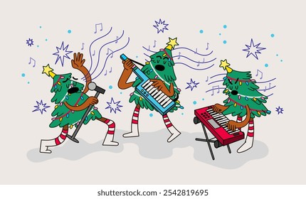 Christmas Tree Singing and Performing Music Hand Drawn Character Illustration