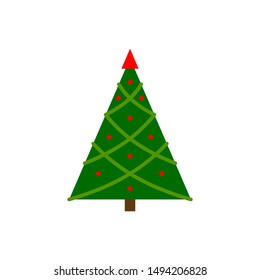 Christmas Tree single flat icon. Xmas, New year simple sign in cartoon style. Winter pictogram symbol. Closeup color vector illustration isolated on white. Graphic design element for card, print, logo