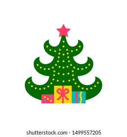 Christmas Tree single flat icon. Xmas, New year simple sign in cartoon style. Winter pictogram symbol. Closeup color vector illustration isolated on white. Graphic design element for card, print, logo