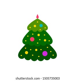 Christmas Tree single flat icon. Xmas, New year simple sign in cartoon style. Winter pictogram symbol. Closeup color vector illustration isolated on white. Graphic design element for card, print, logo