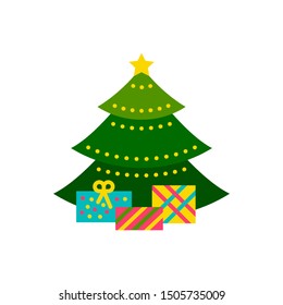 Christmas Tree single flat icon. Xmas, New year simple sign in cartoon style. Winter pictogram symbol. Closeup color vector illustration isolated on white. Graphic design element for card, print, logo