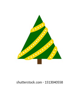 Christmas Tree single flat icon. Xmas, New year simple sign in cartoon style. Winter pictogram symbol. Closeup color vector illustration isolated on white. Graphic design element for card, print, logo