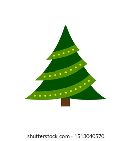 Christmas Tree single flat icon. Xmas, New year simple sign in cartoon style. Winter pictogram symbol. Closeup color vector illustration isolated on white. Graphic design element for card, print, logo